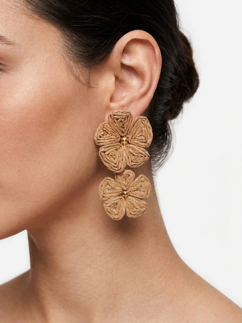 Handcrafted Double Flower Drop Earrings in Tan Straw Raffia